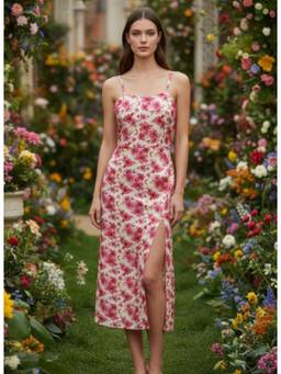 AM SWAN - Luxury Satin Digital Print Midi Dress