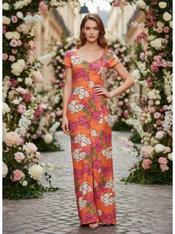 AM SWAN - Luxury Cambric Digital Print Front Slit Dress