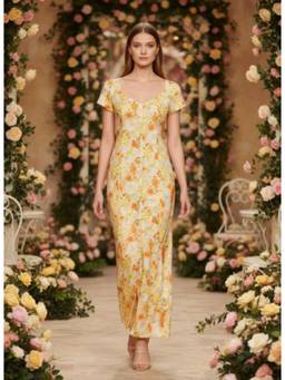 AM SWAN - Premium American Crepe Digital Print Front Slit Dress