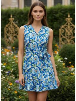 AM SWAN - Premium Muslin Floral V Neck Flare Dress With Belt Blue