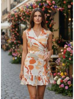 AM SWAN - Luxury Cambric Digital Print V Neck Flare Dress Off White