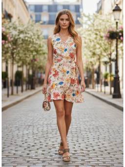 AM SWAN - Luxury Cambric Digital Print V Neck Flare Dress Multi-Color