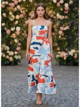 AM SWAN - Premium American Crepe Digital Print Shoulder Strap Dress Multi-Color