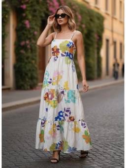 AM SWAN - Premium Micro Digital Print Shoulder Strap Dress Off White