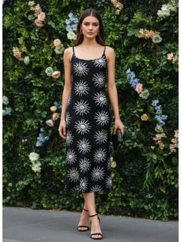 AM SWAN - Rayon Printed Sleeveless Fit And Flare Dress Black