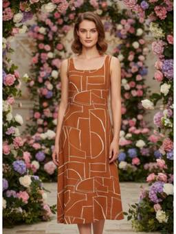 AM SWAN - Rayon Printed Sleeveless Fit And Flare Dress Brown