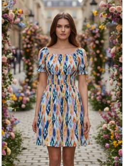 AM SWAN - Rayon Printed Striped Smocked Dress Multi-Color