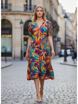AM SWAN - Rayon Printed A Line Front Button Dress Multi-Color