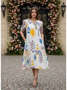 AM SWAN - Rayon Printed Puff Sleeve A Line Front Button Dress Off White