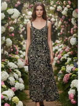 AM SWAN - Rayon Printed V Neck Shoulder Strap Dress Black