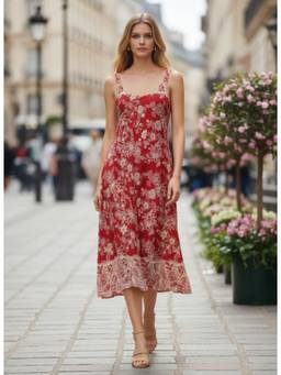 AM SWAN - Rayon Printed V Neck Shoulder Strap Dress Red