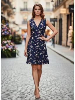 AM SWAN - Rayon Printed Fit And Flare A Line Dress Navy Blue
