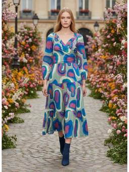 AM SWAN - Rayon Printed A Line Full Sleeve Dress Multi-Color