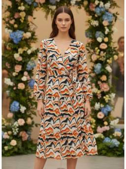AM SWAN - Rayon Printed A Line Full Sleeve Dress Multi-Color