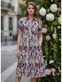 AM SWAN - Rayon Printed Puff Sleeve A Line Shirt Dress Maroon