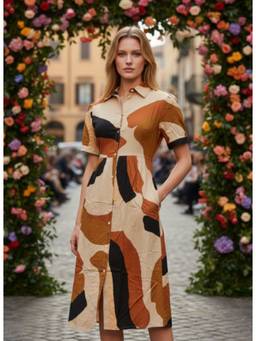 AM SWAN - Rayon Printed Puff Sleeve A Line Shirt Dress Brown