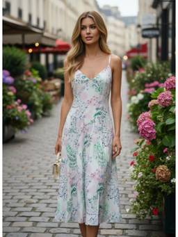 AM SWAN - Rayon Printed Fit And Flare V Neck Shoulder Strap Dress Multi-Color