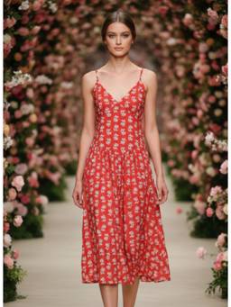 AM SWAN - Rayon Printed Fit And Flare V Neck Shoulder Strap Dress Red