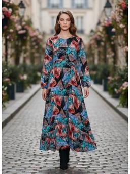 AM SWAN - Rayon Printed Full Sleeve Dress Black