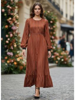 AM SWAN - Rayon Printed Full Sleeve Dress Brown