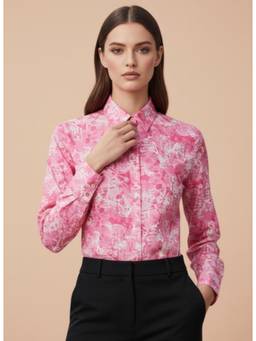 AM SWAN - Womens Premium Long Length Curved Hem Digital Print Shirt Pink