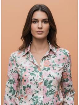AM SWAN - Womens Premium Long Length Curved Hem Digital Print Shirt Multi-Color