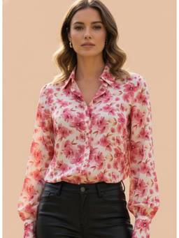 AM SWAN - Luxury Satin Digital Print Puff Sleeve Shirt Multi-Color