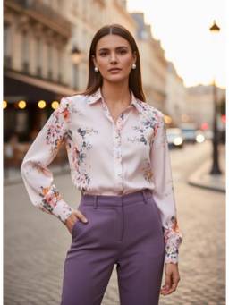 AM SWAN - Luxury Satin Digital Print Puff Sleeve Shirt