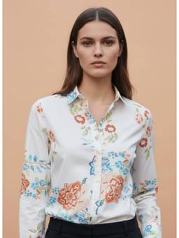 AM SWAN - Premium Micro Digital Print Puff Sleeve Shirt White