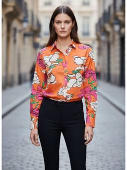 AM SWAN - Luxury Cambric Digital Print Puff Sleeve Shirt Orange