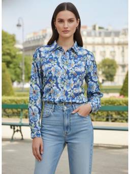 AM SWAN - Premium Muslin Digital Print Puff Sleeve Shirt Blue