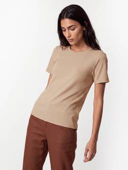 max - Women Ribbed Knit T-Shirt Beige