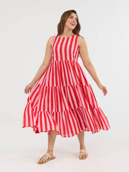 Phutari - Bubble Gum Hand Screen Printed Cotton Tiered Dress