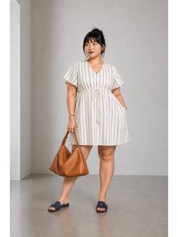 Beyond the Curve - VIRGIO - Striped Cotton Tie-up Mini Plus Size Dress For Women
