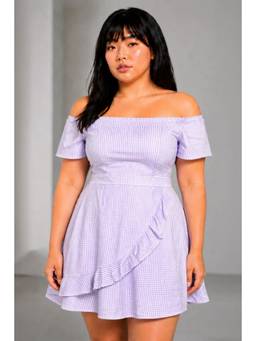 Beyond the Curve - VIRGIO - Checked Cotton Off shoulder Mini Plus Size Dress For Women