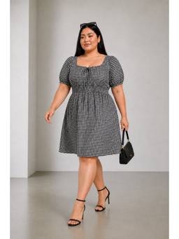Beyond the Curve - VIRGIO - Checked Cotton Puff Sleeve Plus Size Dress For Women