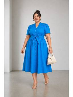 Beyond the Curve - VIRGIO - Solid Cotton Belted Button Down Plus Size Dress with Belt For Women