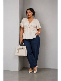 Beyond the Curve - VIRGIO - Solid Viscose Twist Front Peplum Plus Size Top For Women