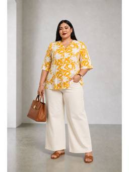 Beyond the Curve - VIRGIO - Floral Cotton V Neck Button Down Plus Size Top For Women