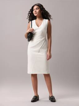 Calvin Klein - Polyester V-Neck Sheath Dress Beige