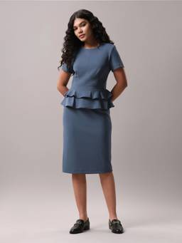 Calvin Klein - Polyester Round Neck Peplum Dress Blue