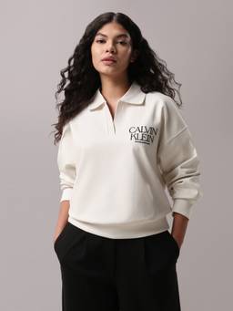 Calvin Klein - Relaxed Fit Polyester Polo Collar Zip-Front Sweatshirt White