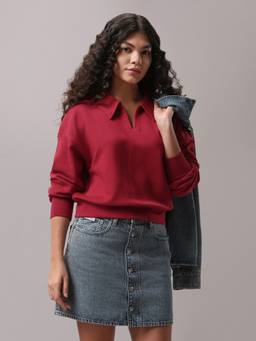 Calvin Klein - Regular Fit Cotton Polo Collar Sweatshirt Red