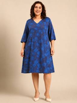 THE PINK MOON - Blue Printed V-Neck A-Line Dress