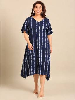 THE PINK MOON - Navy Blue Tie-Dye A-Line Dress