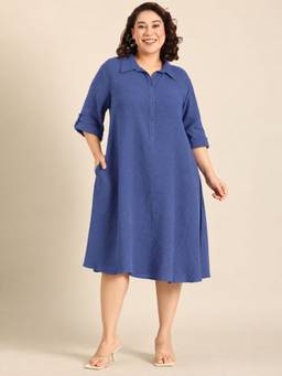 THE PINK MOON - Slate Blue Collared A-Line Dress