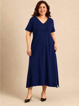 THE PINK MOON - Navy Rib Cotton A-Line Dress