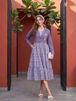ZUMMER - Cotton Lavender Printed Fit And Flare Midi Dress With Embroidered Jacket