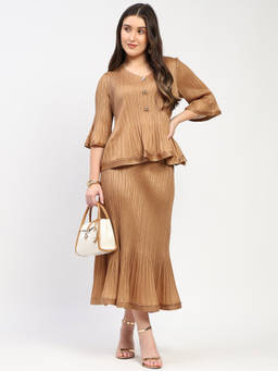 Global Republic - Polyester Pleated V-Neck Co-Ord Set For Women