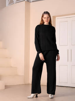 Kvetoo - Women Woolen High Neck Winter Co-Ord Set Black